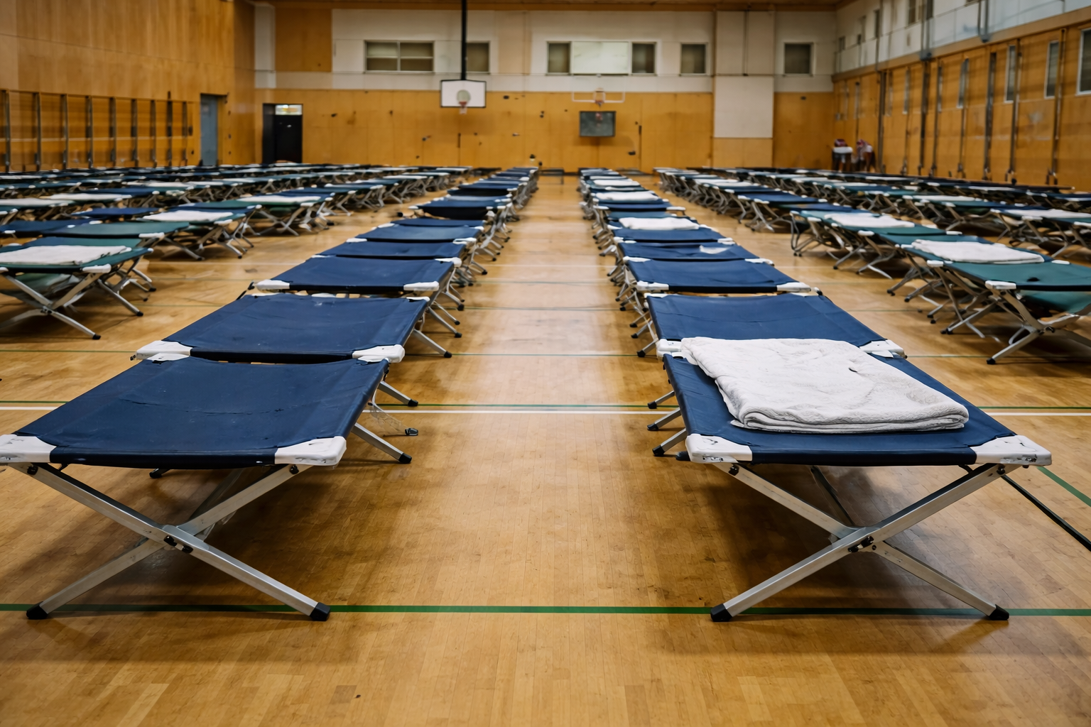 Feldbetten in Sporthalle (ohne Personen)
